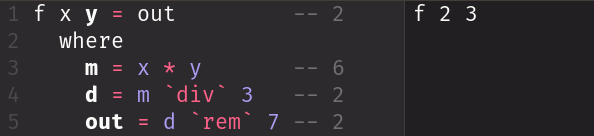 An example function with the values of all intermediate expressions shown on screen based on a unit test